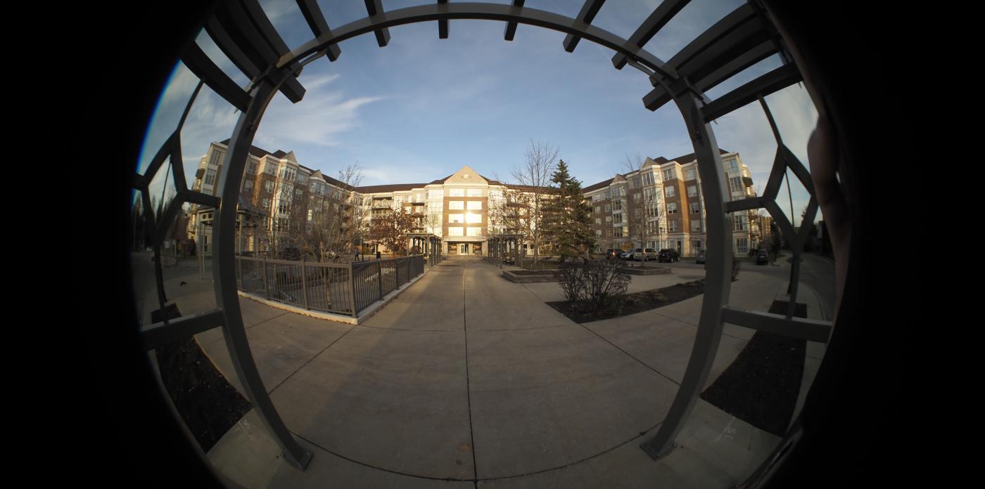 cool fish eye angle of the front of Atrium suites